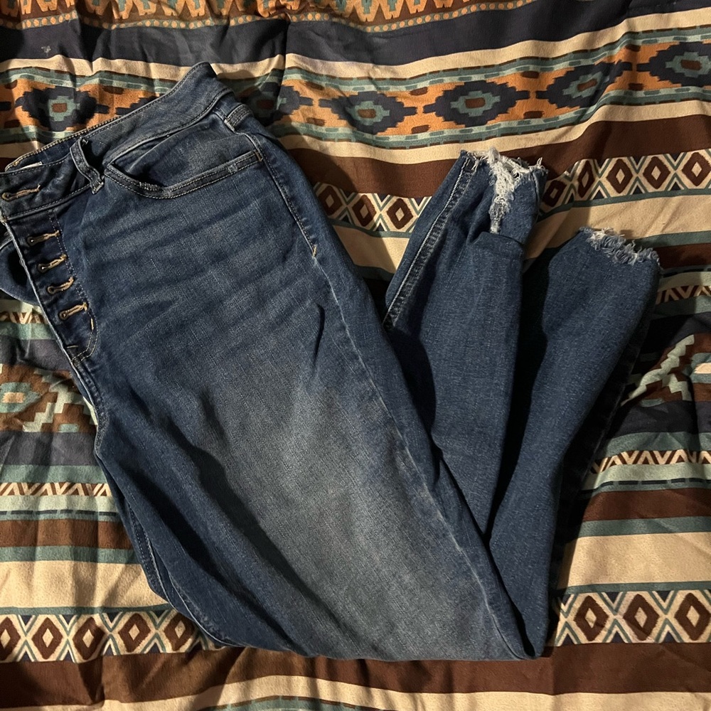 Maurices Dark Blue Skinny Jeans with Frayed Hem